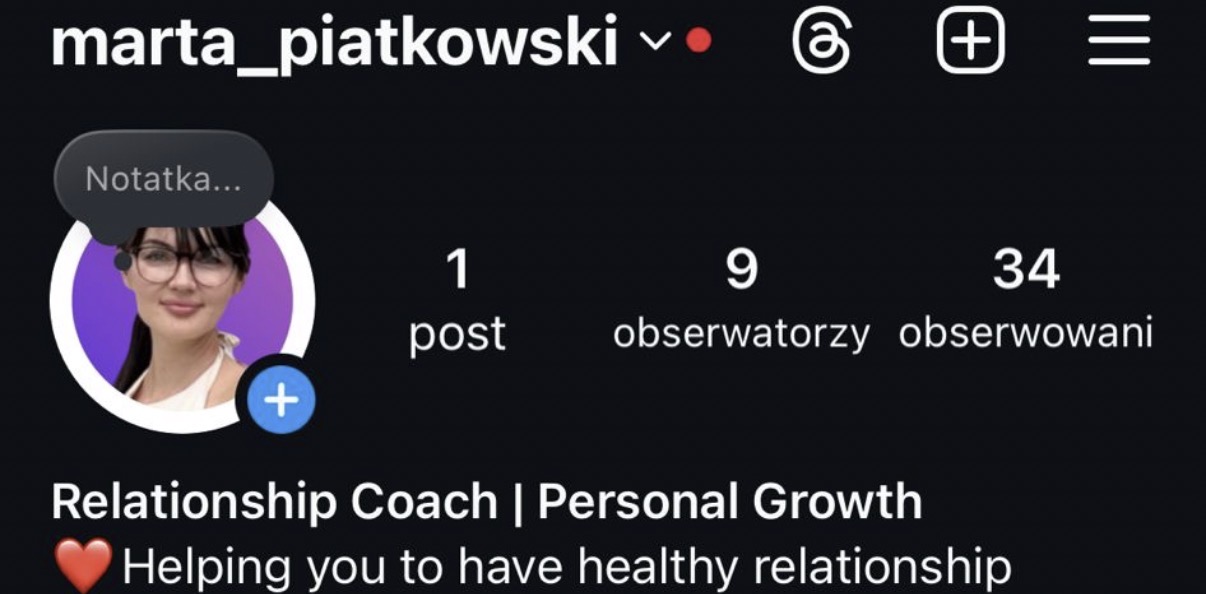 Konto na Instagramie na starcie - 9 obserwujących, jeden post